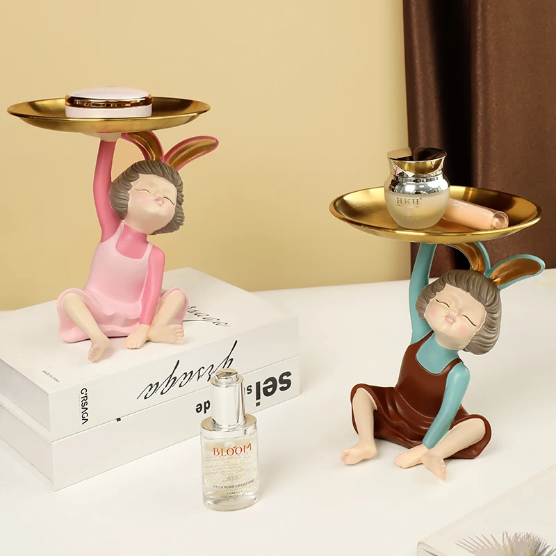 

Cute Statue with Tray for Keys Storage Box Nut Candy Tools Plate Decoration Art Wedding Birthday Home Decoration Accessories