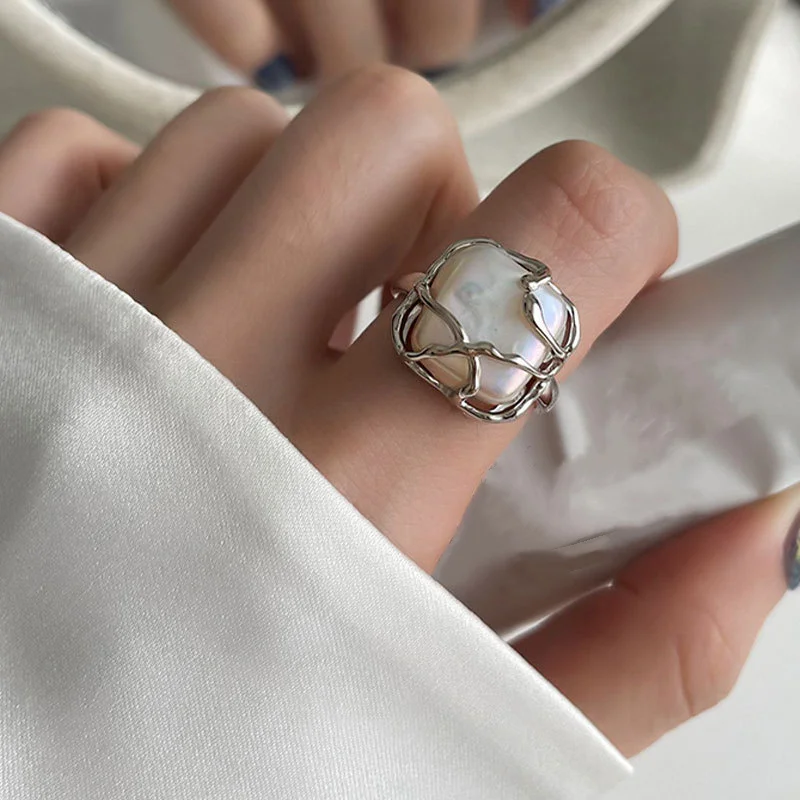 Женское кольцо с жемчугом винтажное посеребренное регулируемое ювелирное