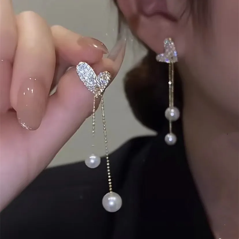 

Korean Luxury Zircon Heart Long Tassel Earrings for Women Bridal Bowknot Pearl Drop Dangle Earrings Party Wedding Jewelry Gifts