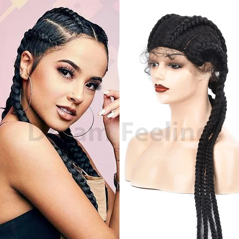 32 Inches Long Box Braided Middle Part Synthetic Lace Front Wigs 4 Box Braided Hair Wig with Baby Hair Natural Wigs for Women