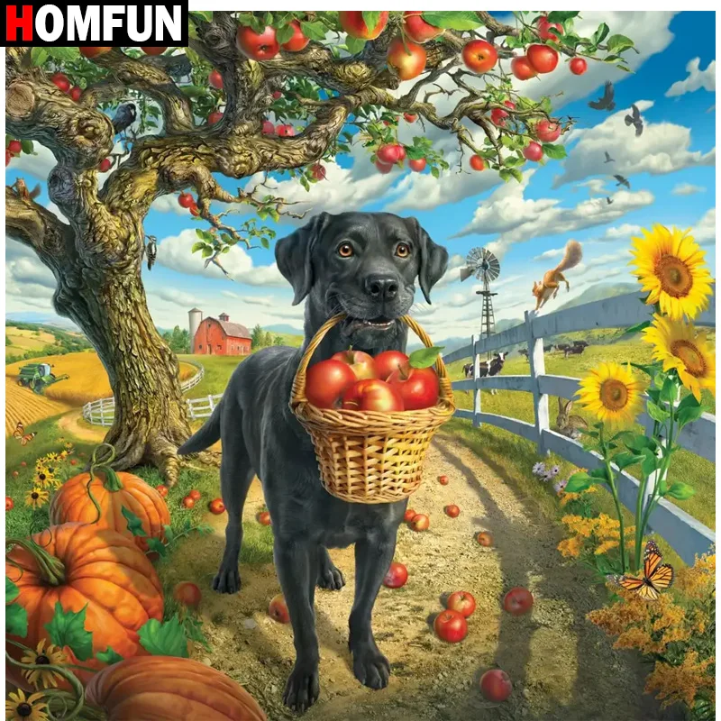 

Алмазная 5d картина HOMFUN «сделай сам», вышивка крестиком «собака, яблоко, тыква», квадратная круглая Алмазная вышивка, ручная работа, стразы