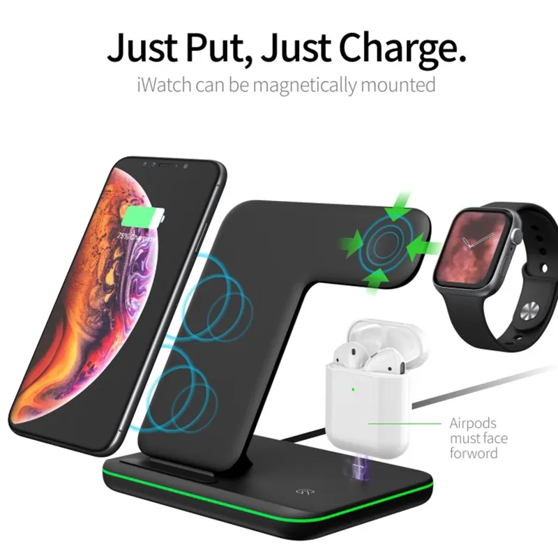 

2021 New 3 In 1 Wireless Charging Stand For iwatch iphone 12 11 X Airpods Pro 15W Qi Fast Charger Dock Station Wireless Charging