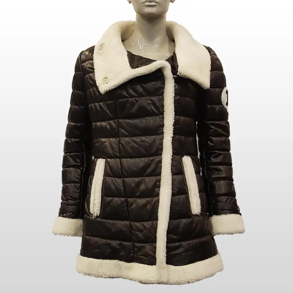 

Женская мотоциклетная куртка из натуральной овечьей кожи, черная облегающая длинная Повседневная теплая Толстая байкерская куртка с мехом...