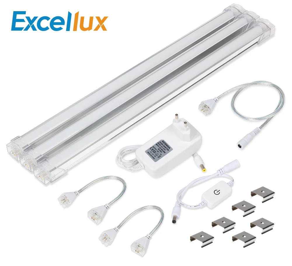 Набор светодиодных светильников LED Bar Light, 3 шт. по 30 см, с возможностью регулировки яркости сенсорным касанием, теплый белый свет, ультратонкий корпус, с жесткой полосой и адаптером на 24В / 1А.