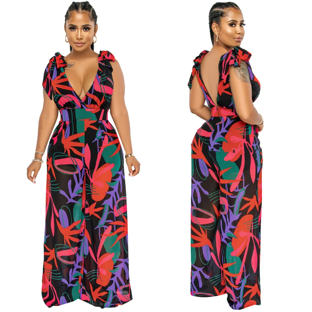 Women Jumpsuits 2022 Sleeveless V-Neck Boho Floral Print Wide Leg Long Pants Rompers African Ladies Strap Plus Size Trousers