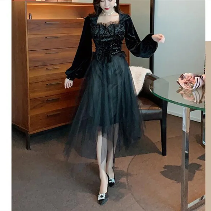 Сетчатое трикотажное платье Осень зима 2020 новое элегантное с квадратным