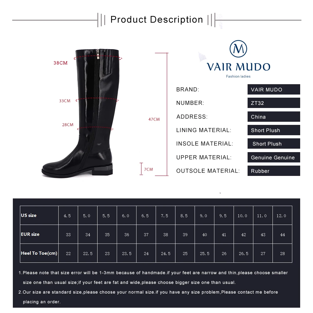 

VAIR MUDO New Arrival Women Boots Genuine Leather Black Knee-High Boots Cow Leather Lagre Size 41Short Plush Shoes Women ZT32