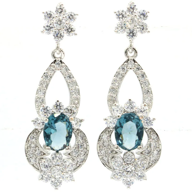 

40x13mm Luxury Long London Blue Topaz Pink Tourmaline White CZ Women Dating Silver Earrings