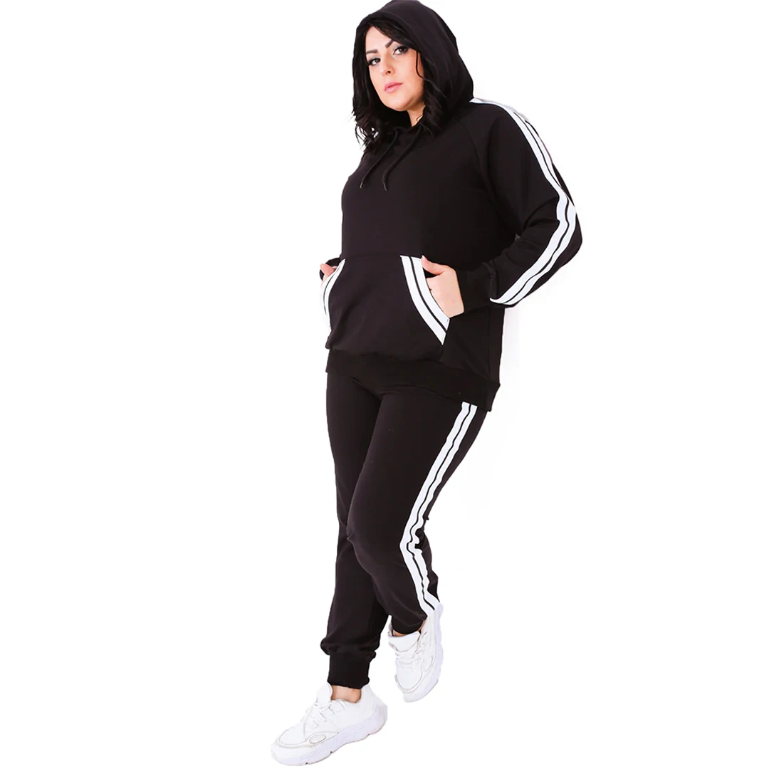 Women’s Plus Size Black Sweatsuit Set 2 Piece Kangaroo Pocket Stripe Tracksuit, Designed and Made in Turkey, New Arrival