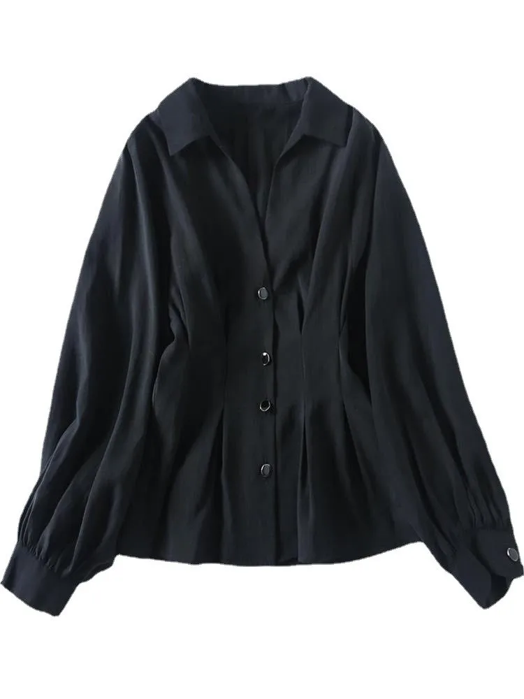 

ZXQJ Women 2022 Fashion Black Fitted Pleated Blouses Vintage Long Sleeve Lapel Button-up Female Blouses Blusas Chic Tops