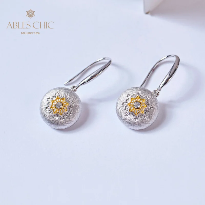 

18K Gold Tone CZ Paved Domed Floral Wedding Earrings Solid 925 Silver Renaissance Fabric Pattern Drop Earrings C11E4S25894