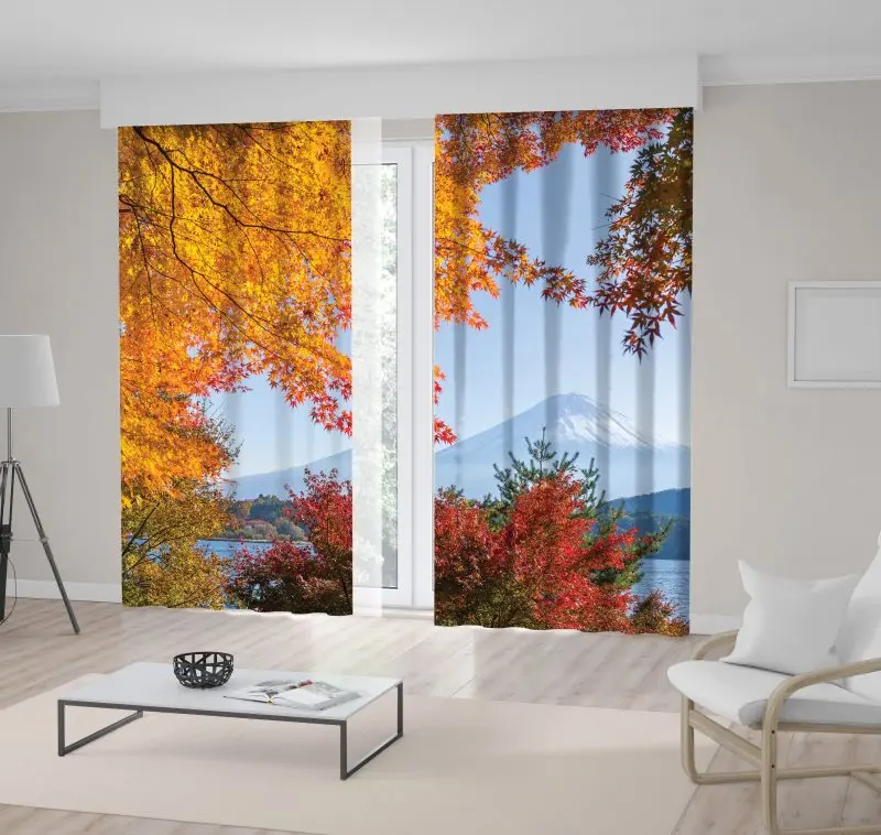 

Curtain Mount Fuji and Autumn Foliage Maple Tree at Lake Kawaguchi Colorful Nature Asian Landscape Red Gold Blue Green