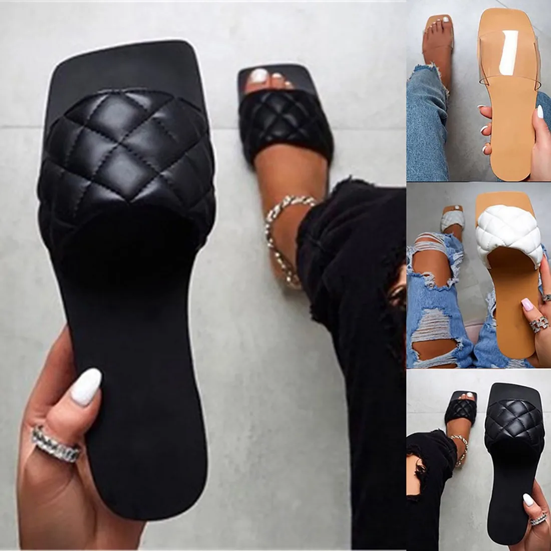 

New Fashion Women Square Toe Flat Casual Shoes Women Slide 2021 Summer Flip Flops Beach Sandal Slipper Big Size 41