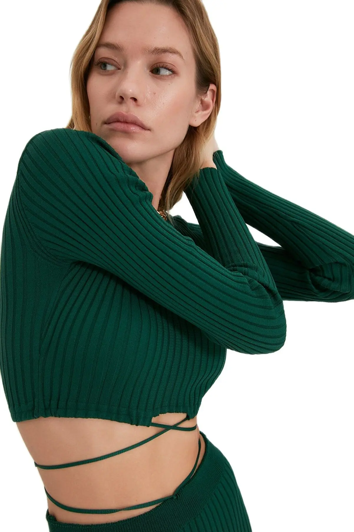 

Women's Dress Cloths Green Tie-Detailed Sexy Knitwear Bottom-Top Set Ladies Long Sleeve 2021-2022 Fashion Female Autumn Elegant