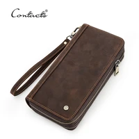 contacts genuine leather wallet men long card holder mens wallet clutch large capacity vintage male purse double zipper