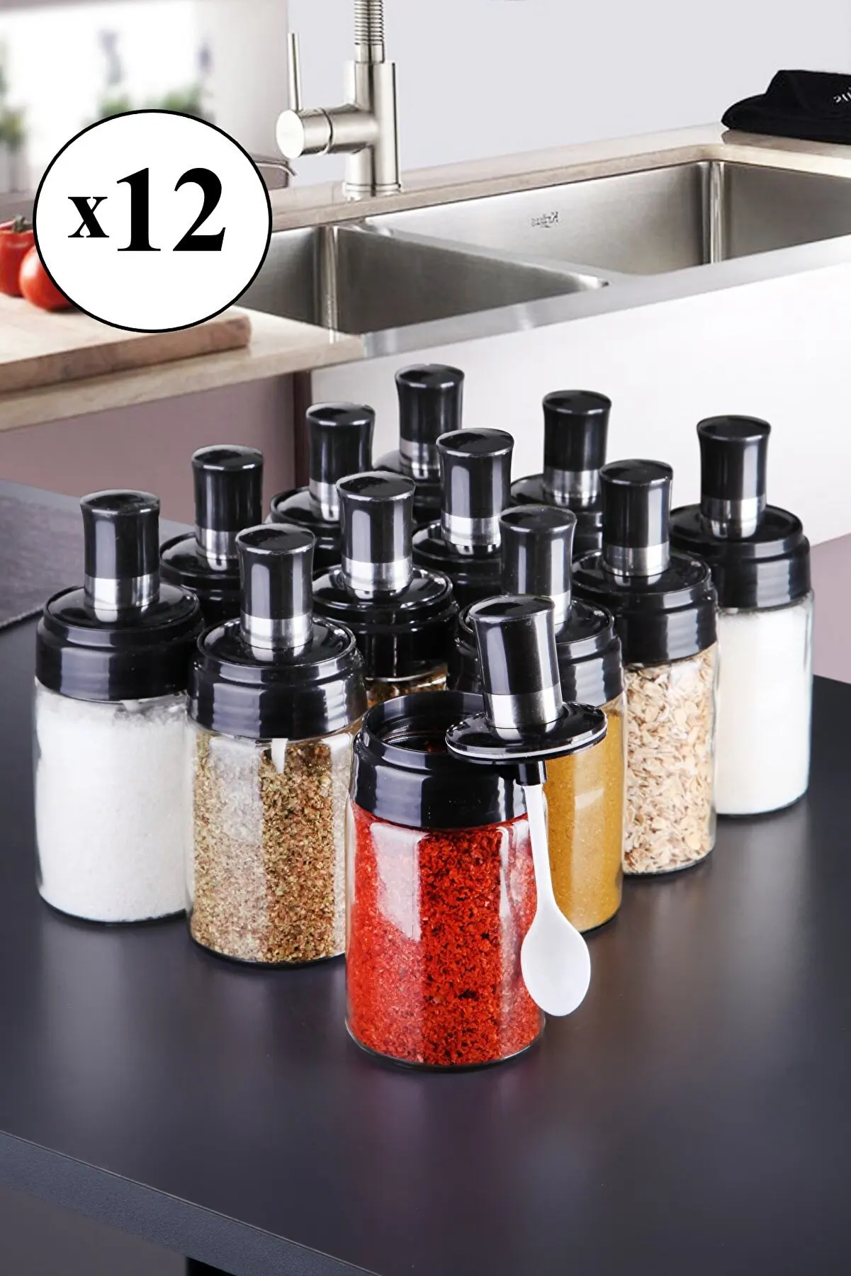 

12 Pieces Glass Spice Set with Spoon 300 Ml Salt Pepper Vacuum Hard Plastic Airtight Cover Kitchen Organizer High Quality