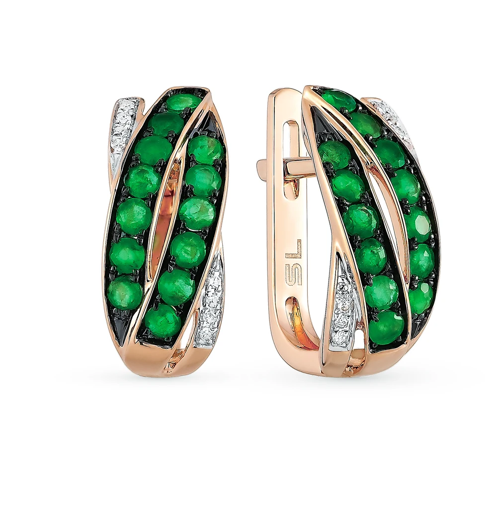 Золотые серьги с изумрудами и бриллиантами SUNLIGHT проба 585|Серьги-клипсы| |