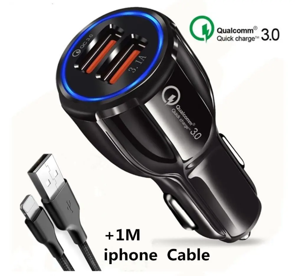 USB мобильный телефон автомобильное зарядное устройство-Qualcom 3,0 Быстрая зарядка+ 1 м Ультра быстрый кабель+ отслеживание груза samsung Iphone