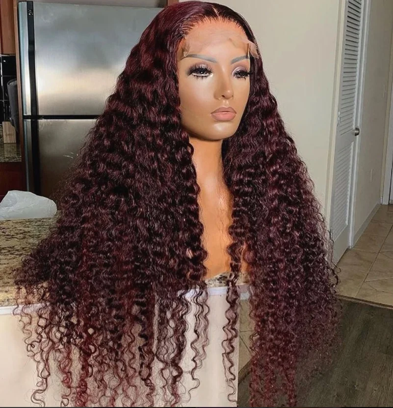 Loose Curly Glueless Synthetic Lace Front Wine Red High Density Wig For Women Preplucked Fiber Natural Hairline Makeup Wigs