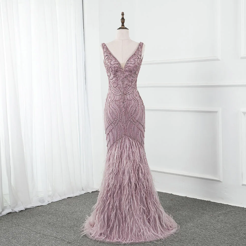 

DressbLee purple color mermaid banquet dress V-neck dress full beaded crystal and feather long dress backless sexy prom dress