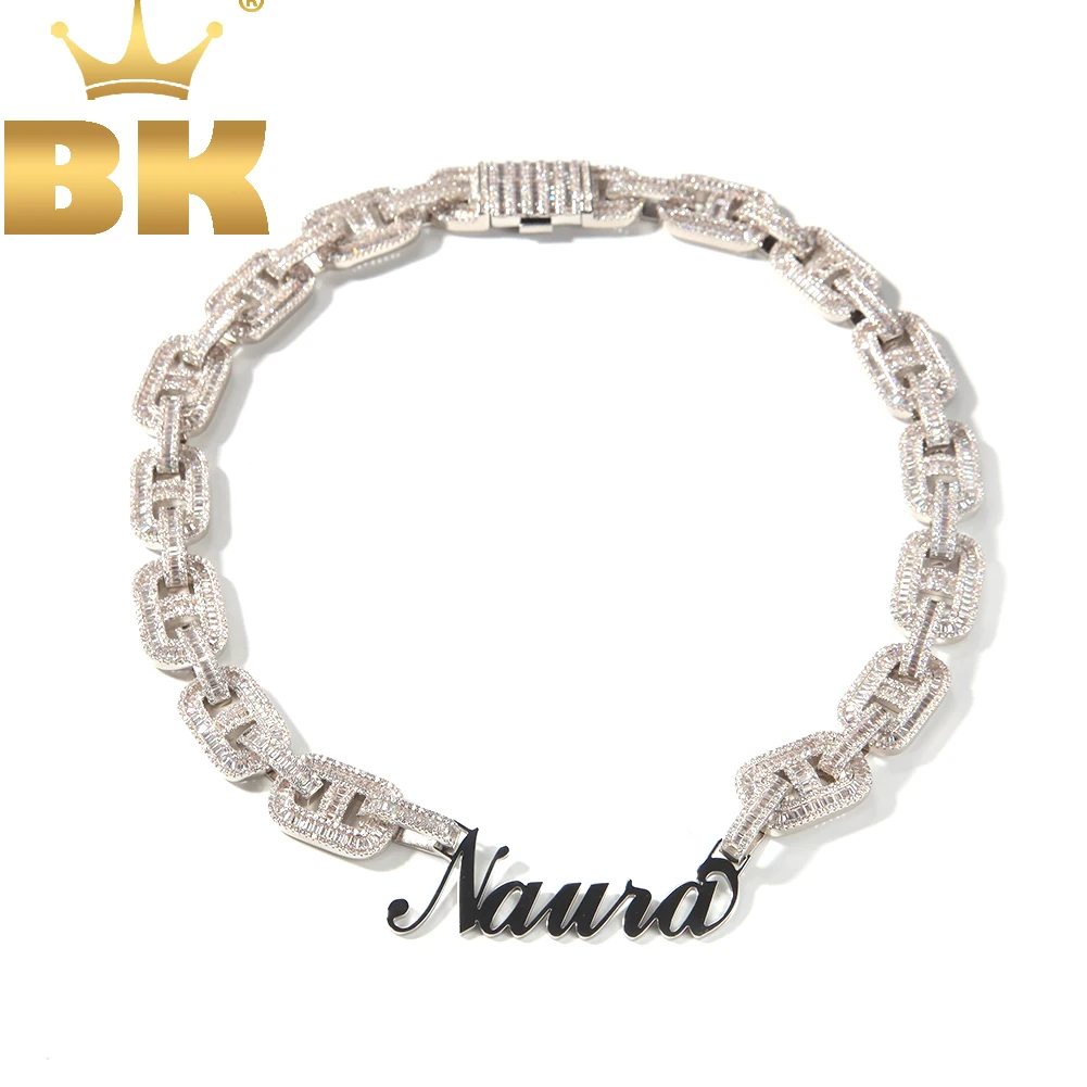 THE BLING KING Cusomt Stainless Steel Name Plated With Luxury 15mm Cuban Link Baguettecz Prong Setting Necklace Hiphop Jewelry