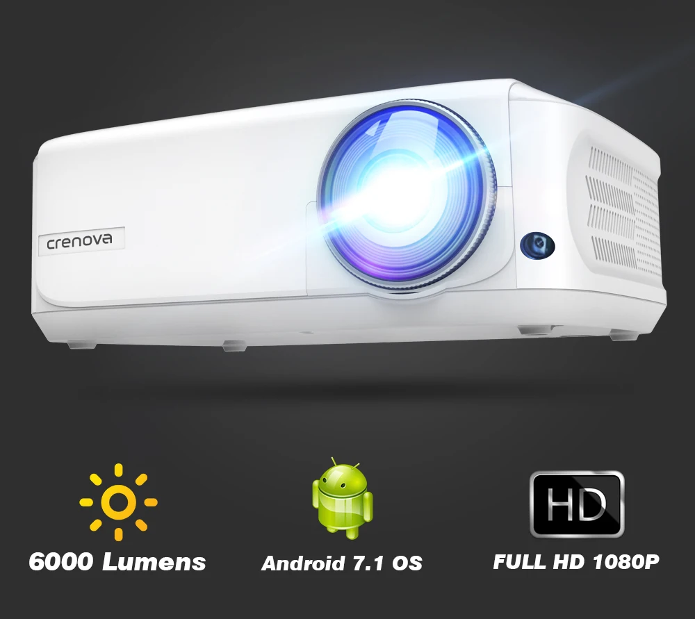 CRENOVA Newest Full HD 1080P Android Projector 6000 Lumens Android 7.1.2 OS Video Projector Support 4K Dolby 2G 16G Beamer