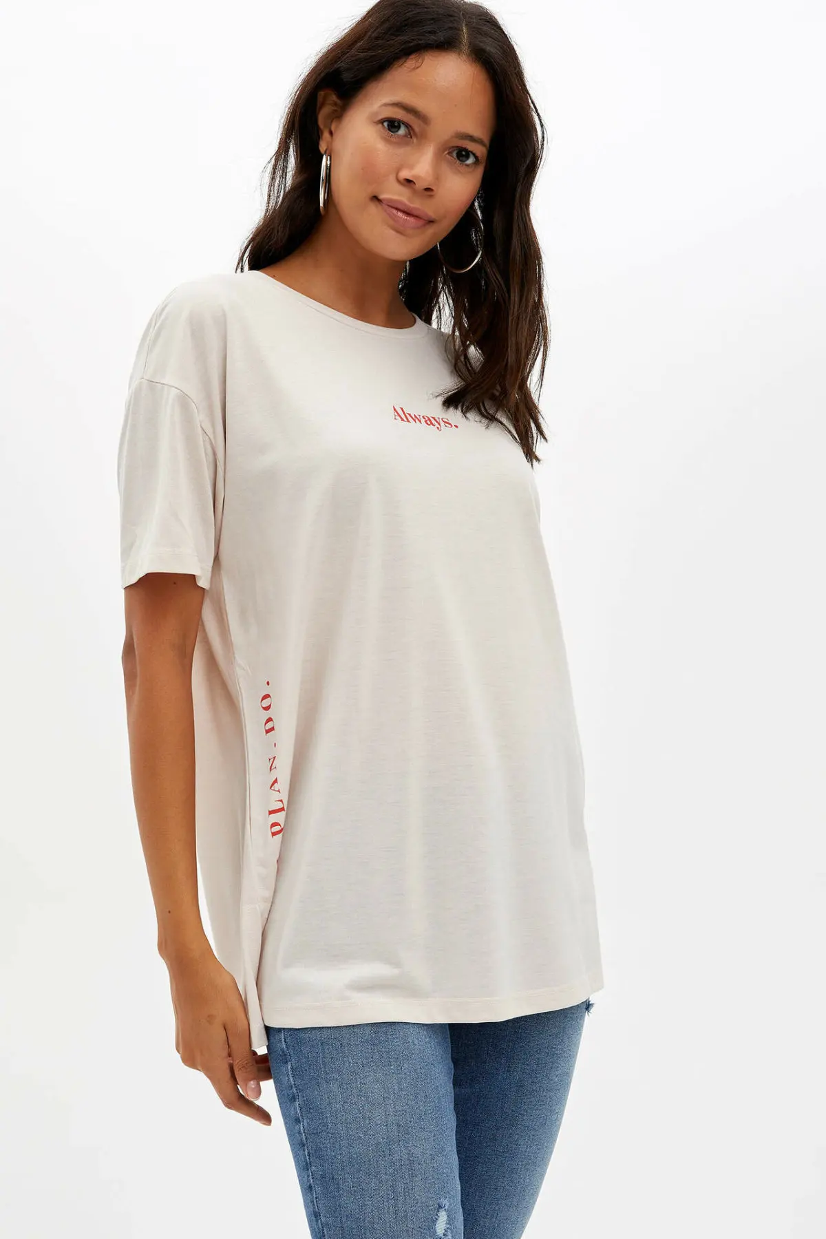 DeFacto женские летние белые футболки свободные болотного цвета с коротким рукавом