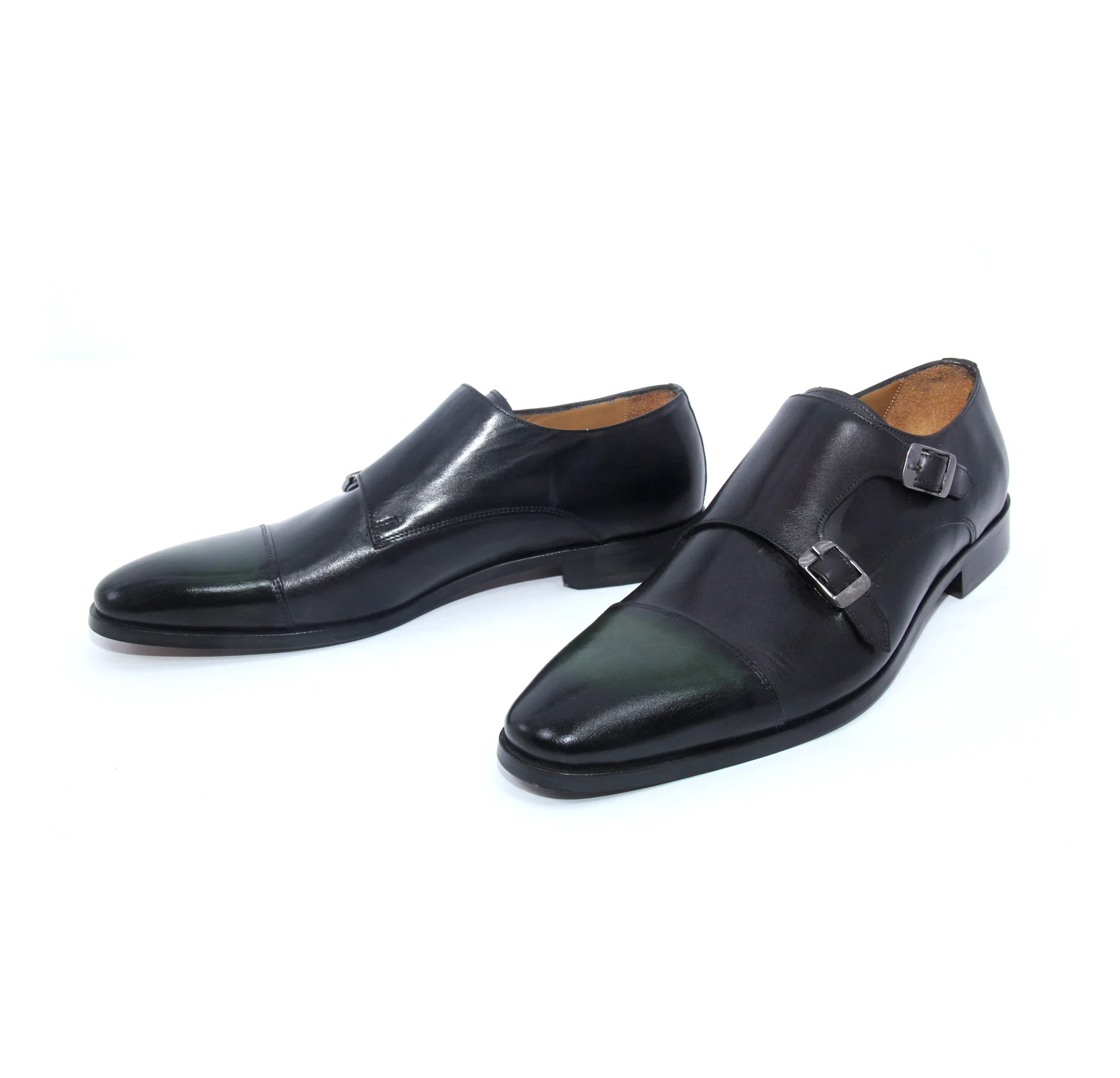 

Handmade Black Green Double Monk Strap Shoes, Genuine Leather Soles, Natural Calf Skin, Men's Classic Formal Footwear
