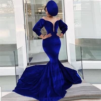 royal blue african prom dresses for women long sleeve velvet mermaid formal evening dress reception gowns vestido de fiesta