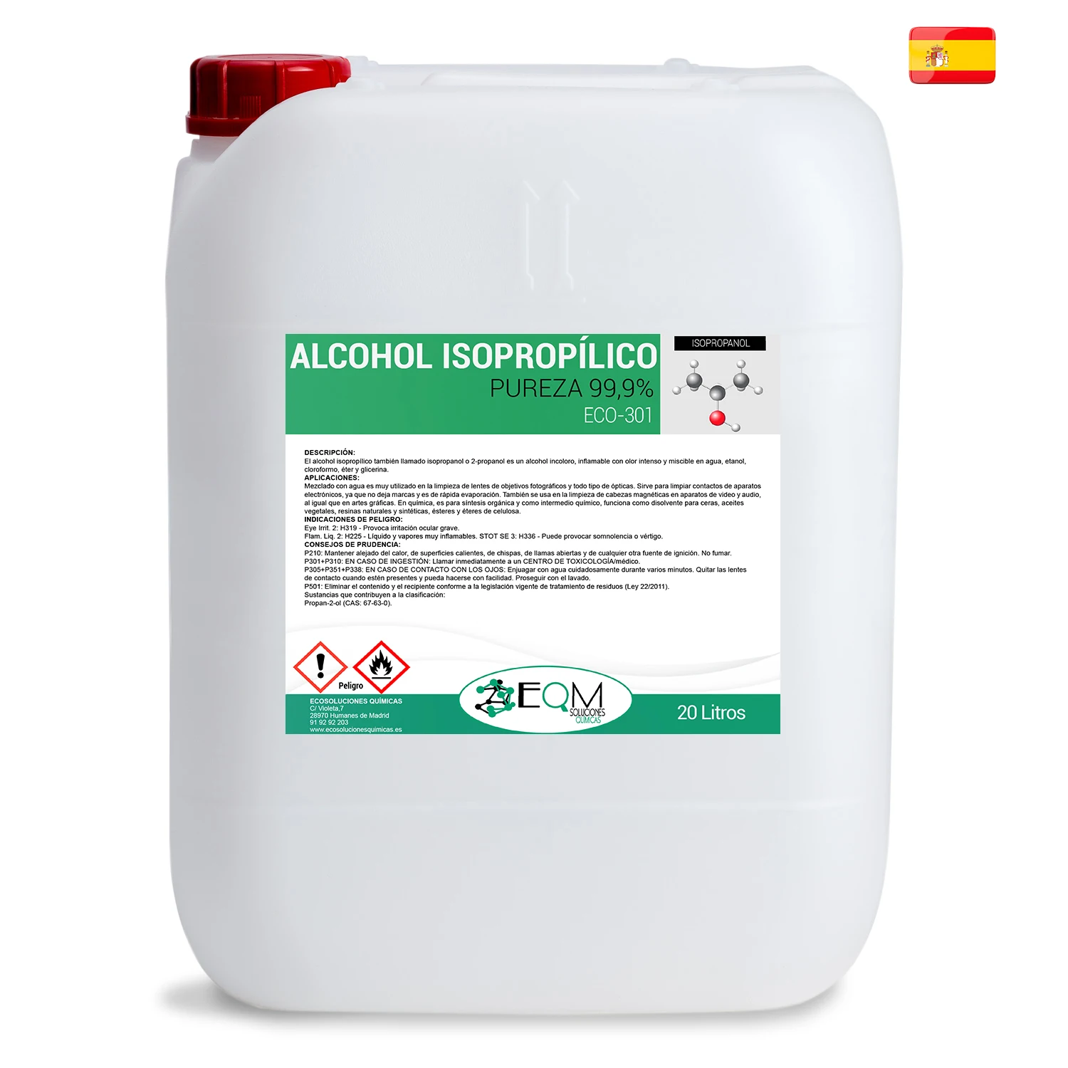 Изопропиловый спирт 99,9% чистоты | 20 л Чистка электронных компонентов Дезинфекция и очистка поверхностей Химические растворы ECO-301 EQM.