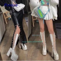 2022 white women sandals boots round toe platform cross tied sandal boots chunky heel cut out lace up knee high boots sexy shoes