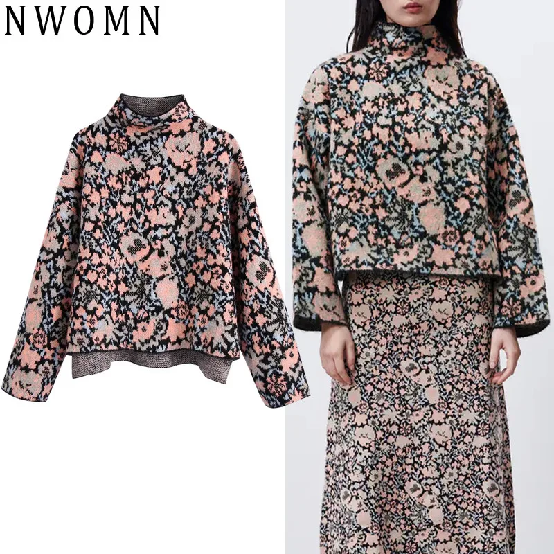 

Женский жаккардовый свитер Za, вязаный пуловер оверсайз с длинным рукавом и высоким воротником, с цветочным принтом, осень 2021