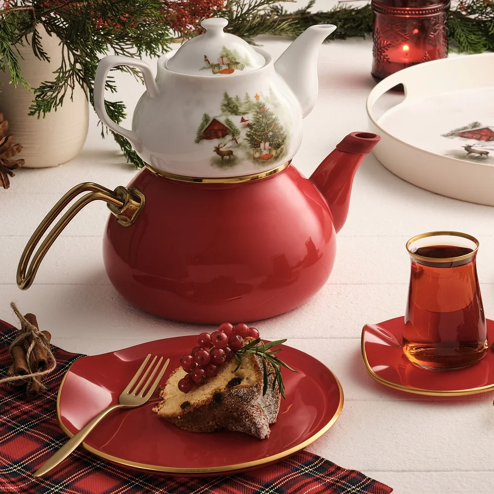 

Christmas Red Enamel Teapot Set Herbal Tea Porcelain Pot Luxury Stylish