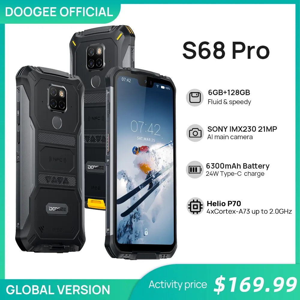 IP68 Waterproof DOOGEE S68 Pro Rugged Phone Wireless Charge NFC 6300mAh 12V2A Charge 5.9 inch FHD+ Helio P70 Octa Core 6GB 128GB