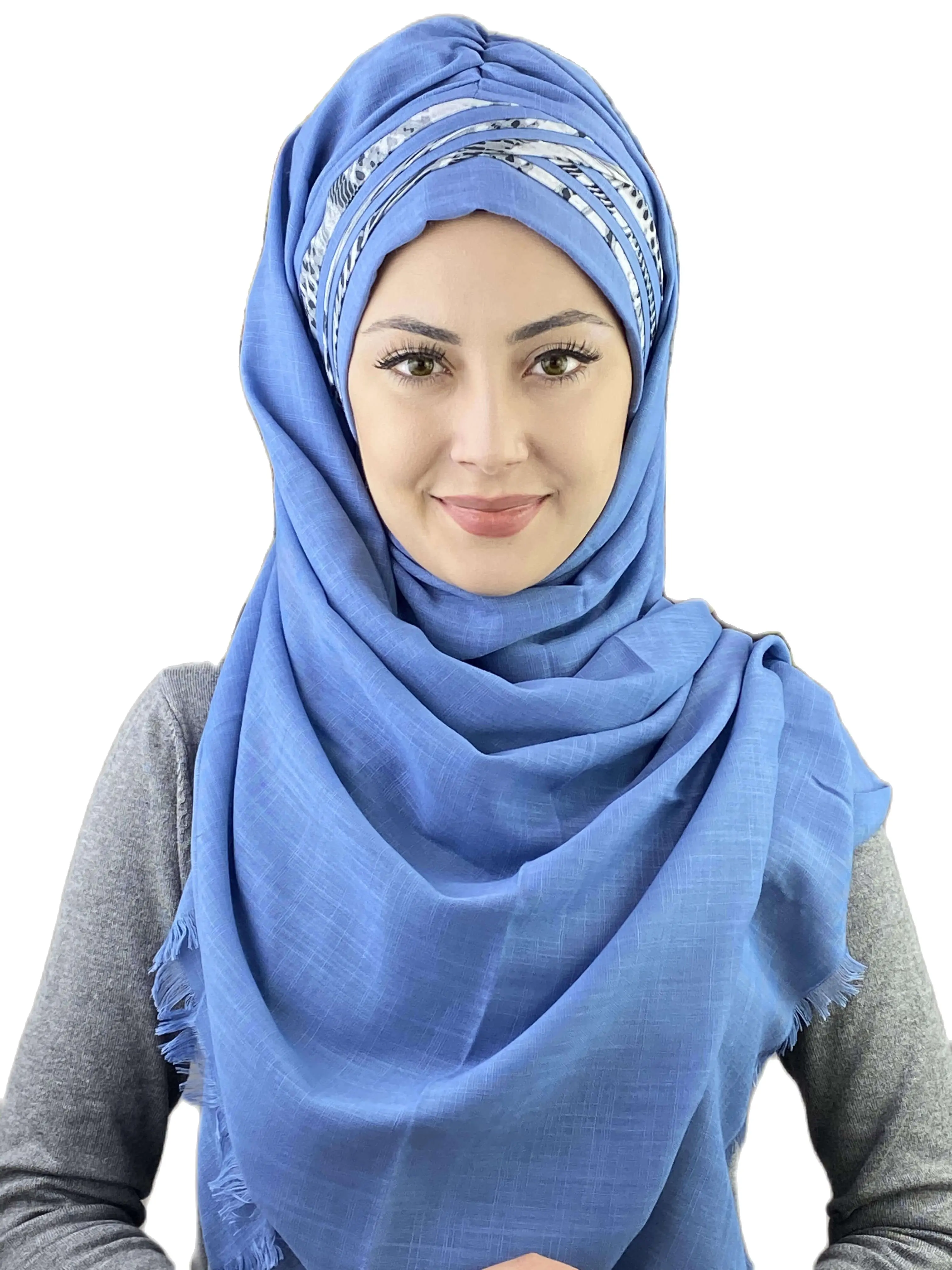 Новинка 2022, модный хиджаб, исламские женские зимние шарфы, женская шапка Musulman, небесно-голубая шапка с геометрическим узором и перекрестной ...