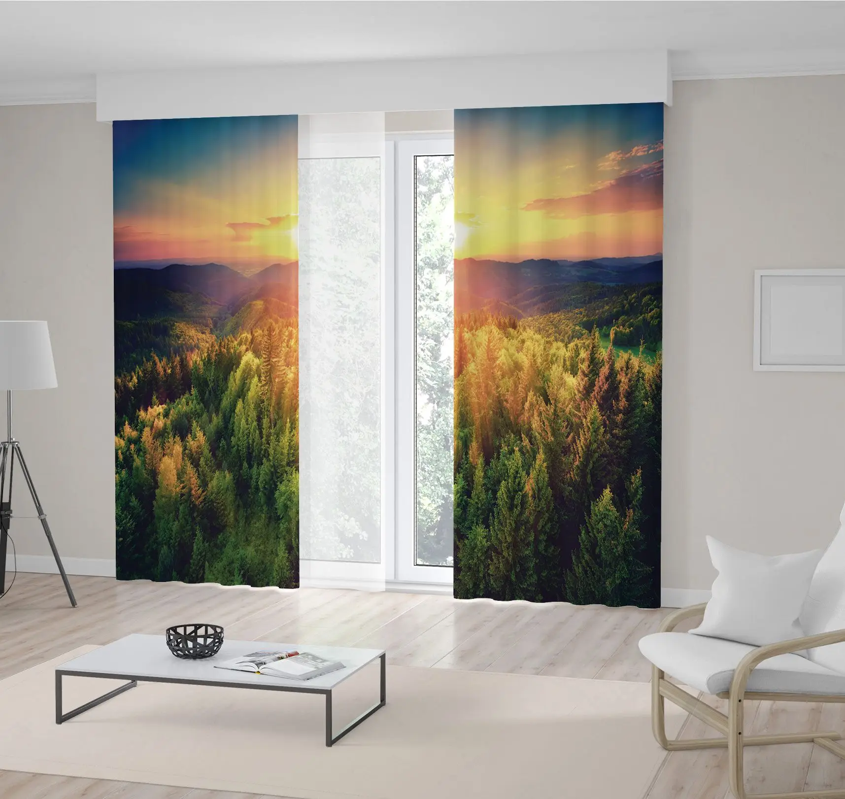 

Curtain Scenic Sunset over the Forest Hills Dramatic Colors Nature View in Green Blue Yellow Photo Print