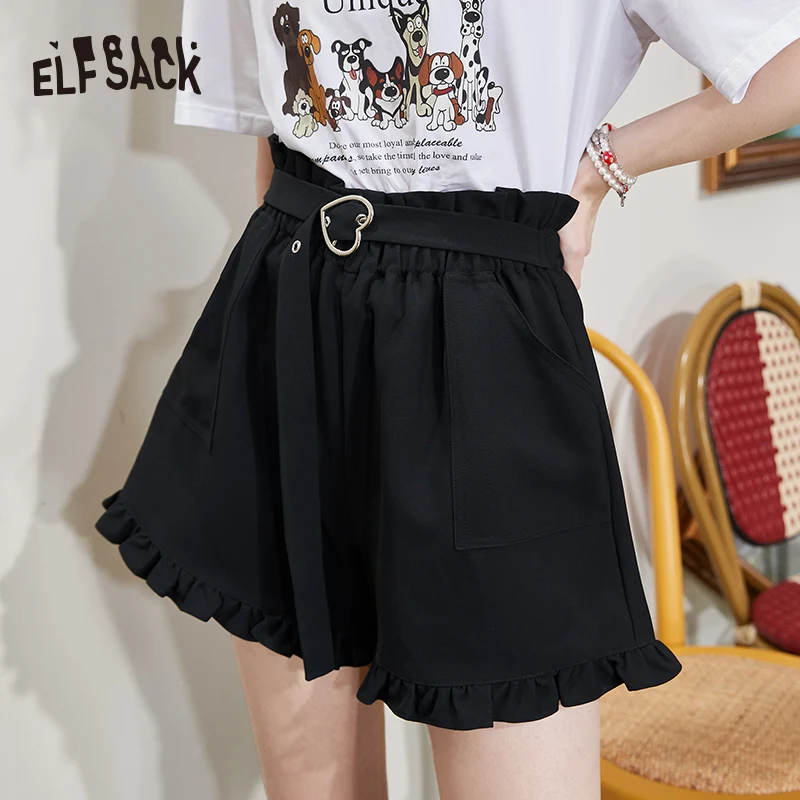 

ELFSACK Black Bud High Waist Wide Leg Shorts Woman 2022 Summer New ELF Stylish Raw Hem Korean Ladies Basic Daily Bottoms