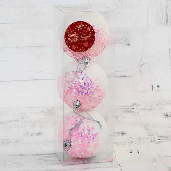 Набор шаров пластик d-8 см 3 шт 'Новелла блеск' бело-розовый (комплект из 4 шт) |