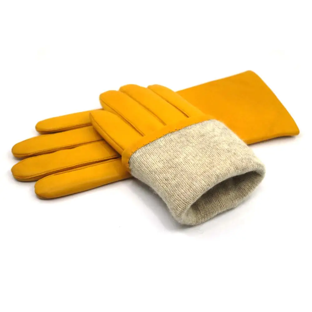 Yellow Harssidanzar женские Роскошные итальянские кожаные перчатки с кашемировой подкладкой в винтажном стиле - Цвет: Yellow