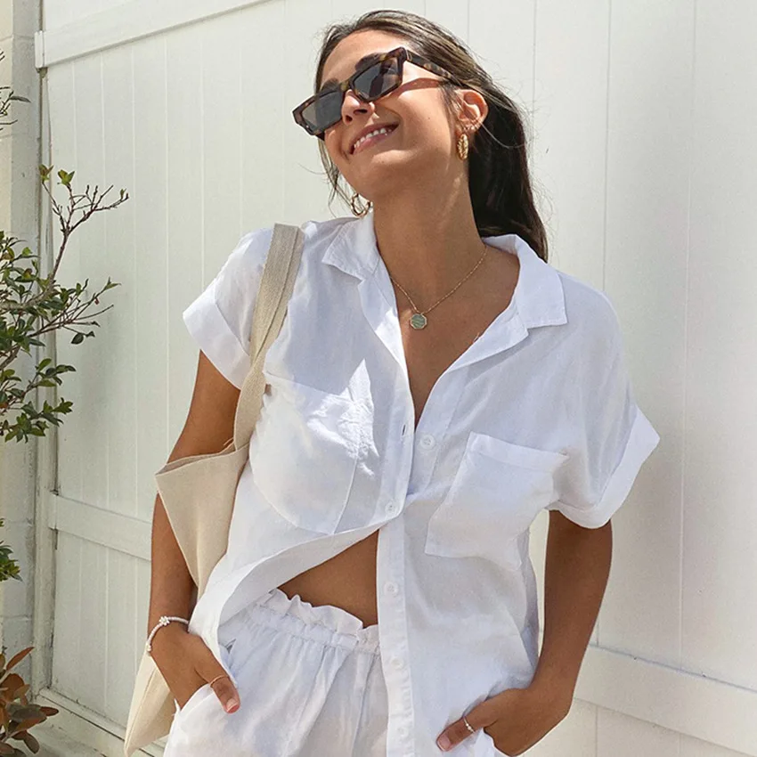 

Summer New French Holiday Style Casual Ins Lapel Cardigan Short-Sleeved Cotton Linen Suit Female Temperament Commute