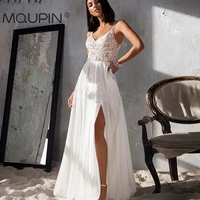 mqupin simple v neck spaghetti straps wedding dresses 2022 new lace appliques chiffon front high split bridal gown a73