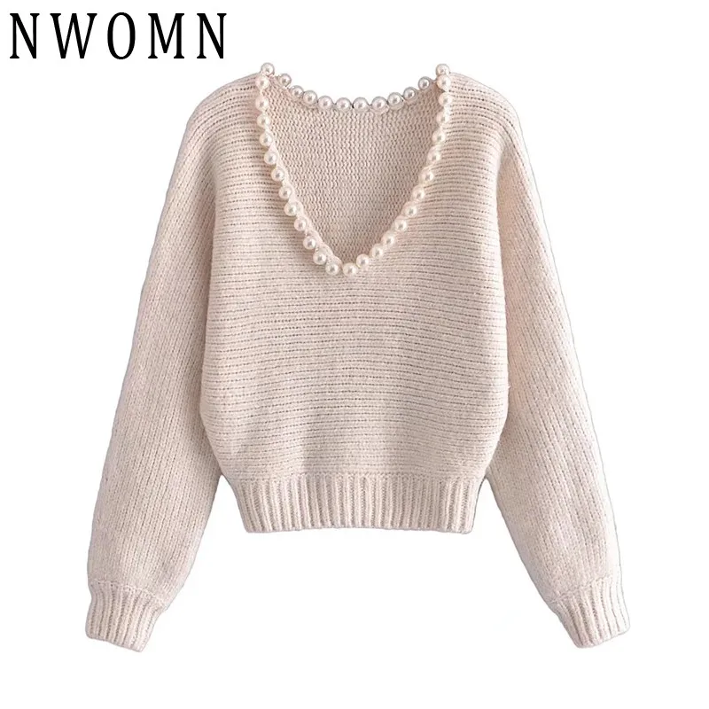 

NWOMN Women Sweaters Beige Cropped Sweater Knitted Fashion Faux Pearl V Neck Sweater Woman Autumn Winter Warm Long Sleeve Top
