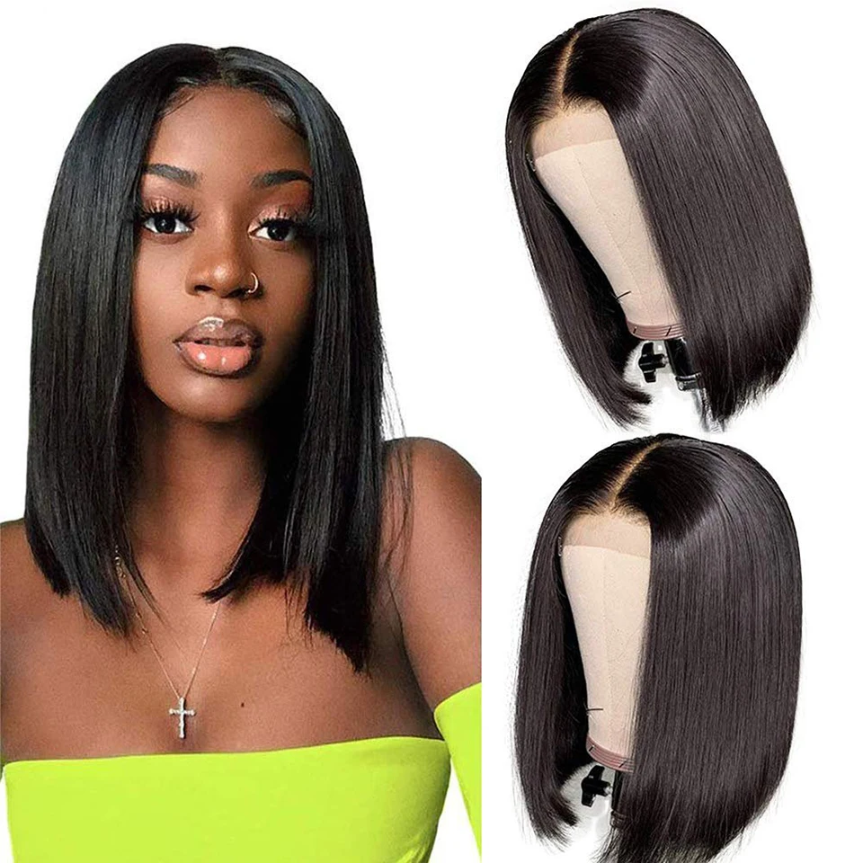 Black Bob Lace Wig 13x4x1 Human Hair Wigs Pre Plucked Straight Brazilian Hair HD Transparent Lace Wigs With Baby Hair 14 16 Inch