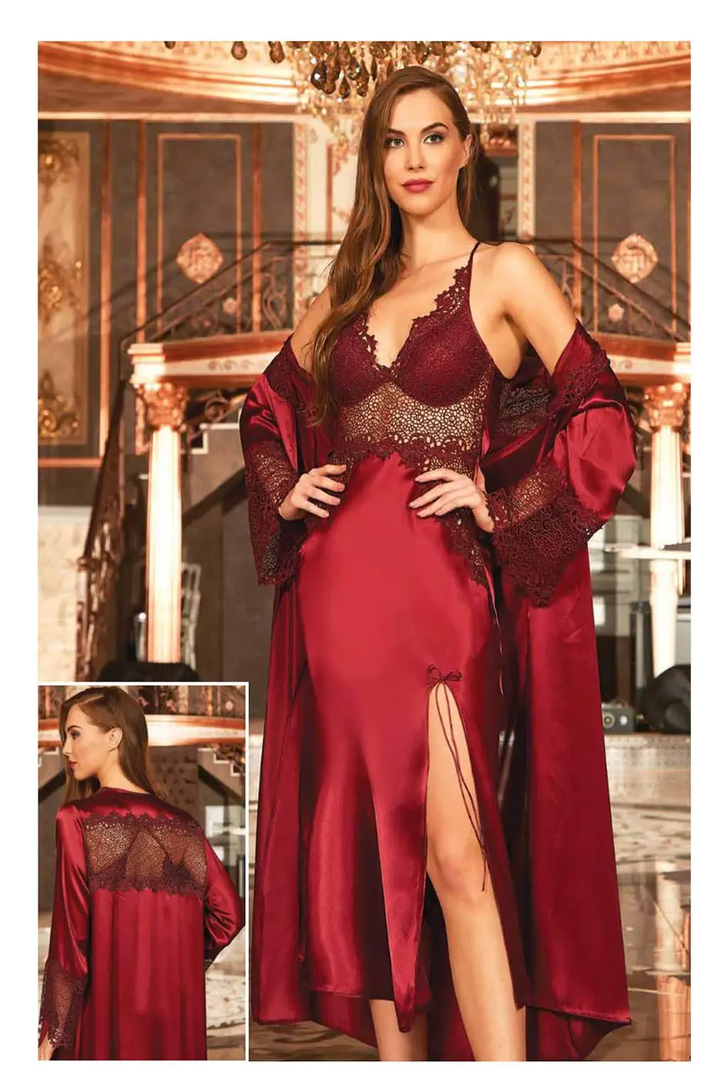 

Women's Nightgown Dressing Gown Set Satin Lace Underwear Comfortable to Wear at Home to Bed Wedding Dowry Preparation 6 Pieces C
