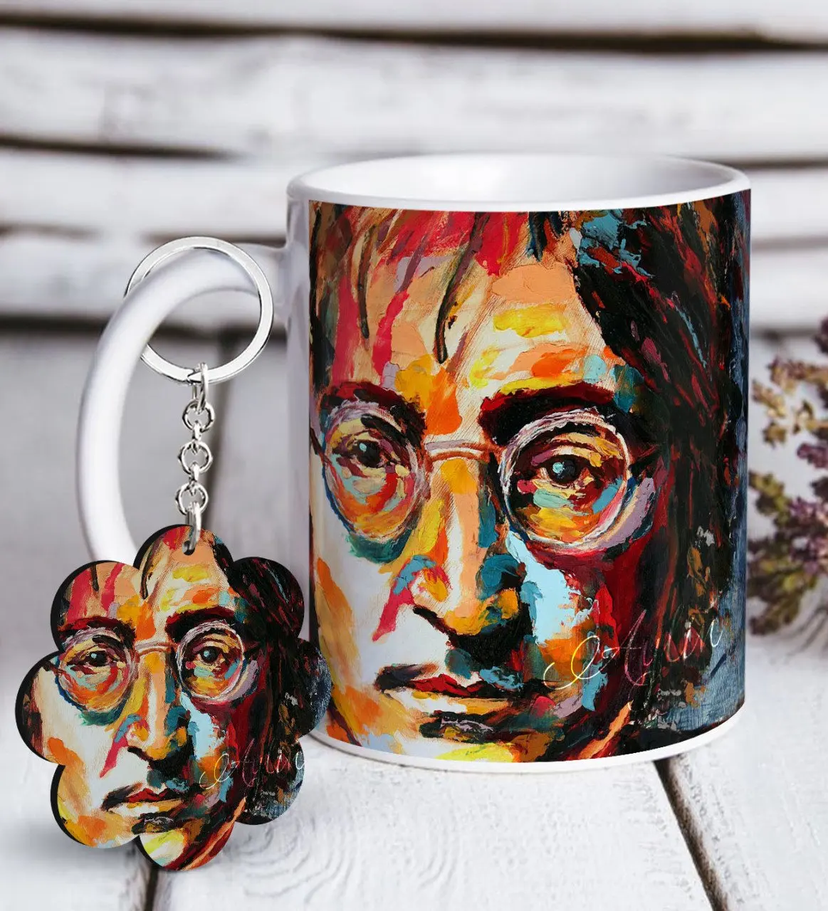 

Персонализированная белая кружка Джона Леннона и брелок Подарочный набор