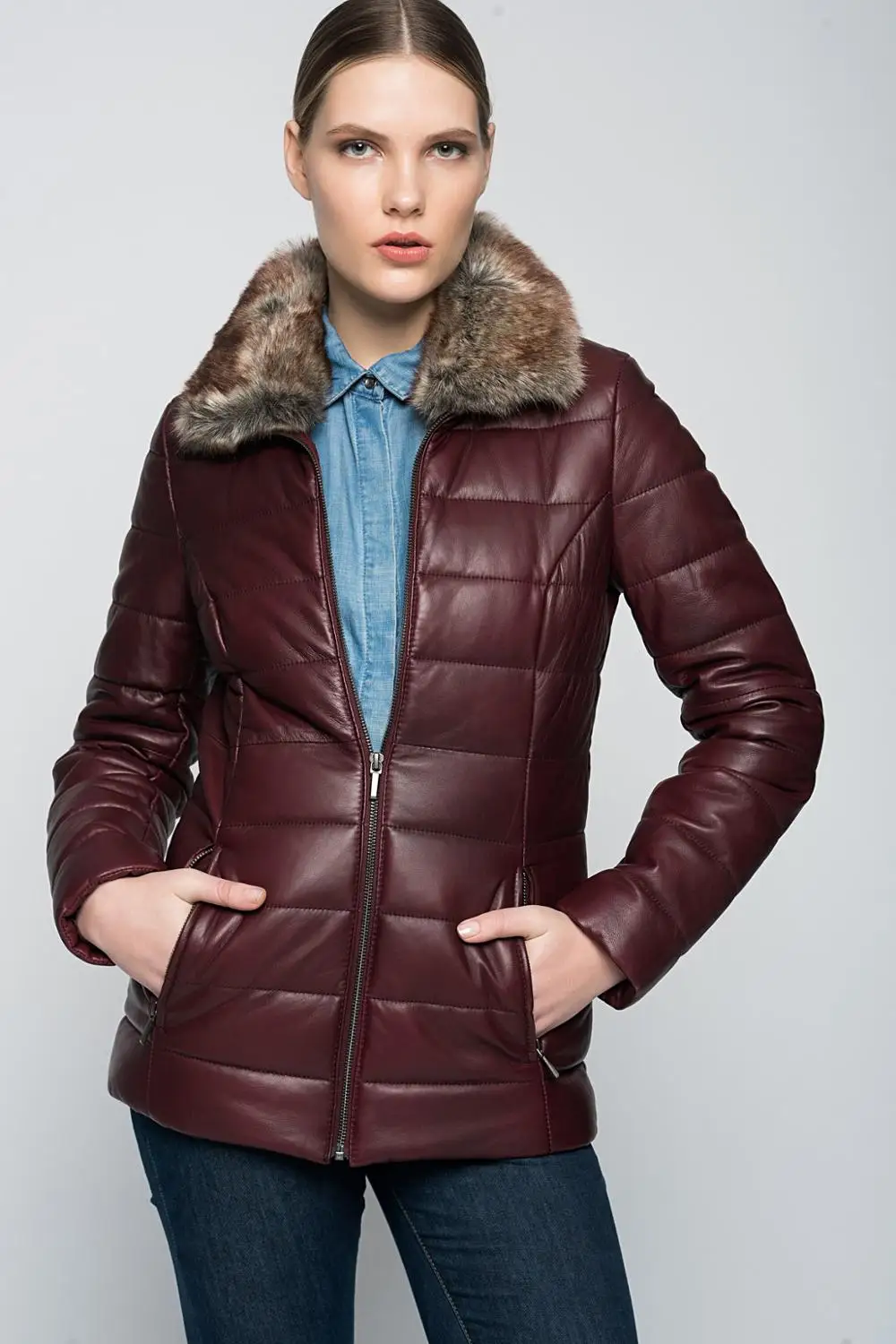 real sheepskin burgundy genuine leather jacket, new winter fashion, Fast-Fashion fashion house