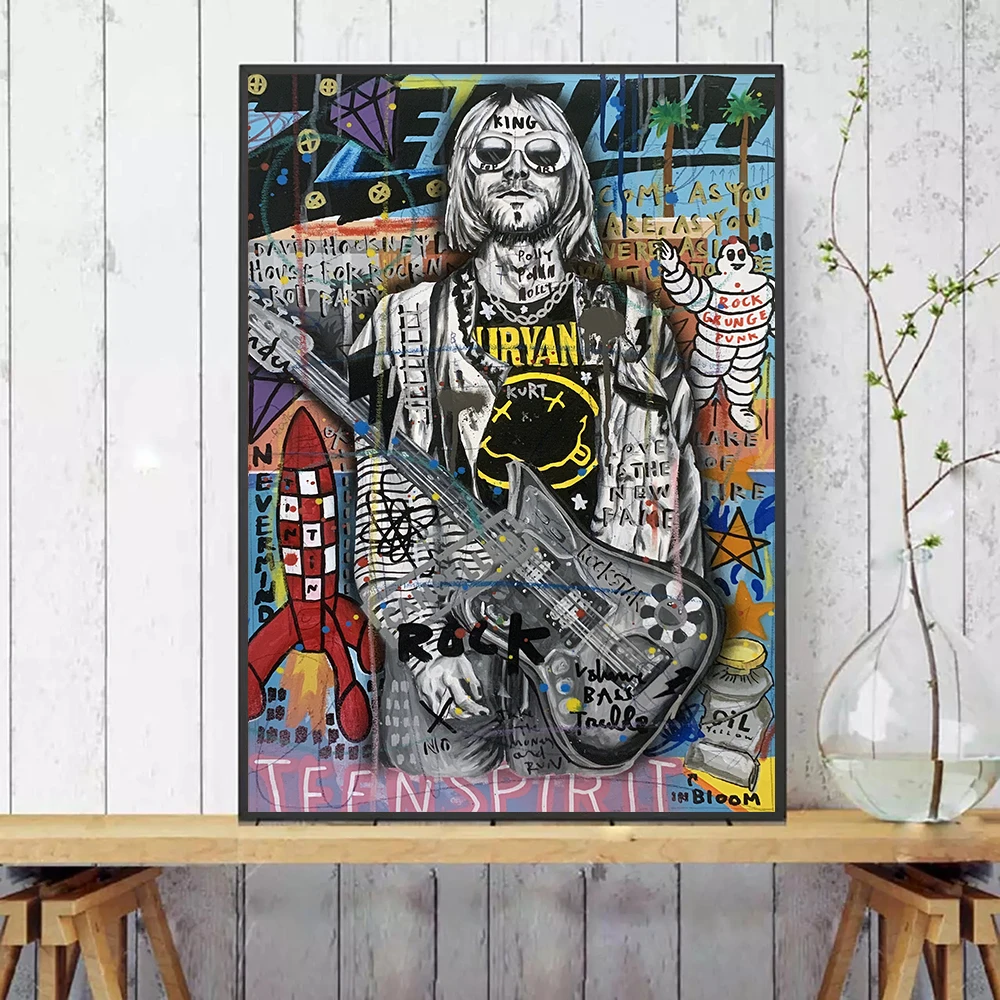 Poster and Prints Graffiti Street Art Rock singer Kurt Cobain Canvas Painting Pop Wall Picture For Living Room Home Decor | Дом и сад