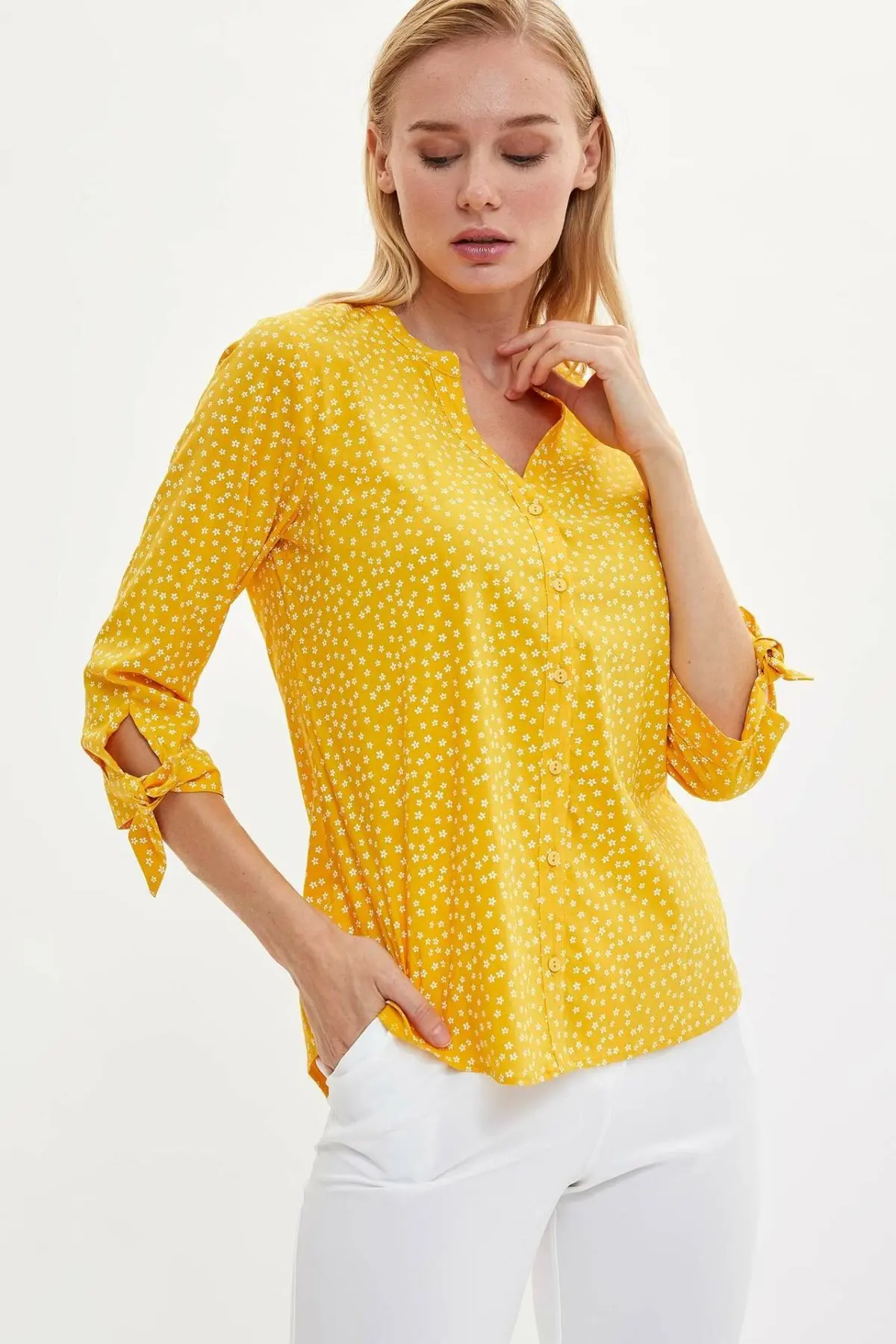 DeFacto женская простая рубашка с v образным вырезом свободная повседневная