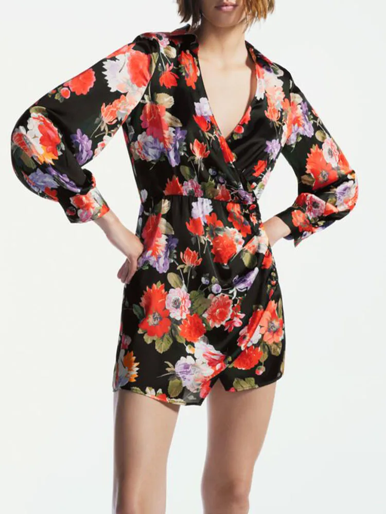 

ZA autumn and autumn new women's temperament retro flower V-neck tie shoulder pad satin texture printed dress