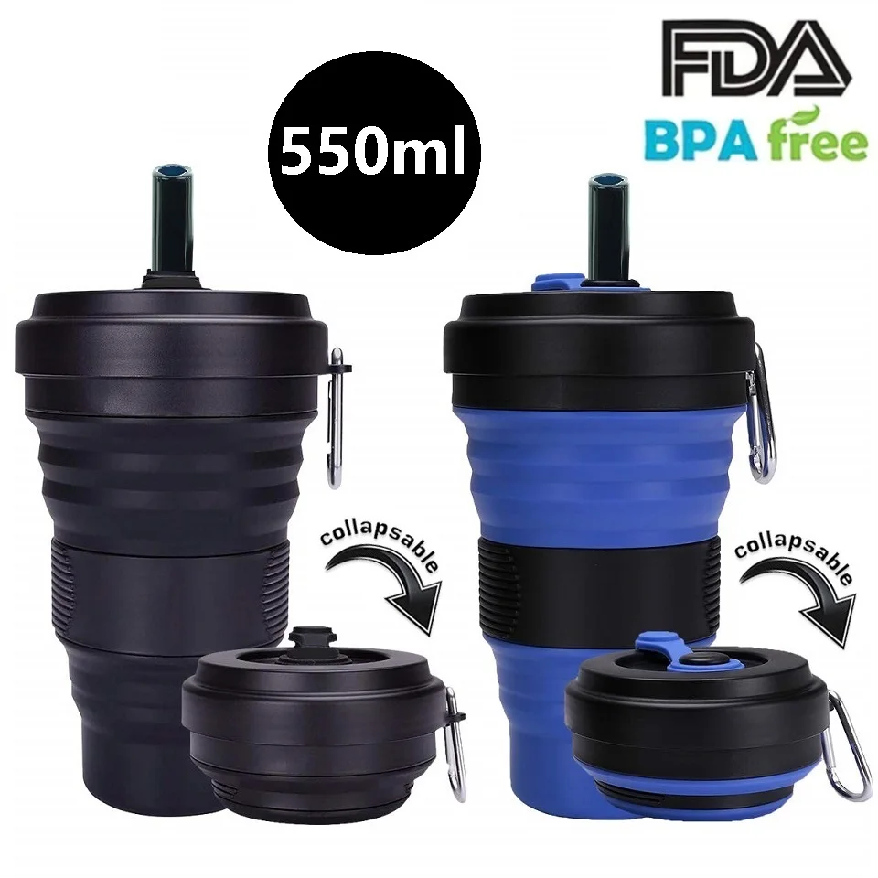 550 мл Складная силиконовая чашка кофейная кружка с соломинкой крышка крюком